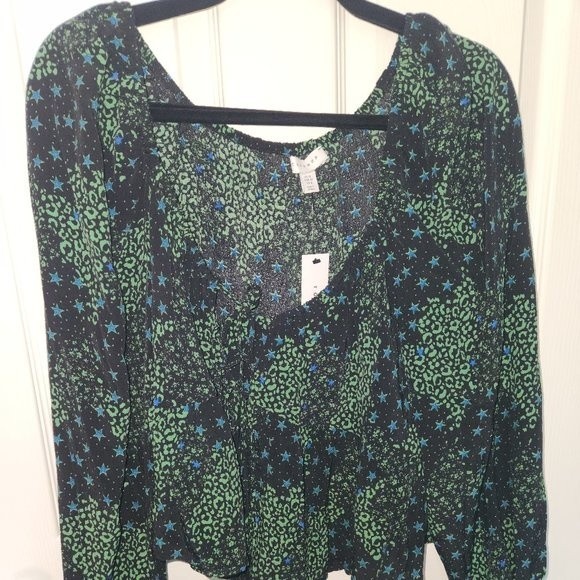 TOPSHOP Mix Print Tie Front Shirt Green NWT - Picture 2 of 5